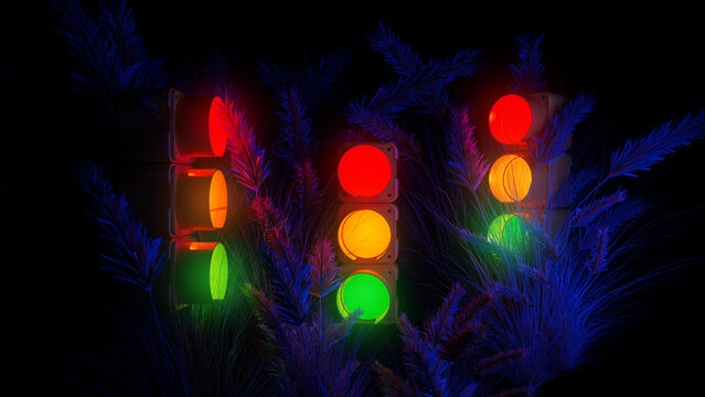 Traffic lights hidden in lush greenery showing vibrant colors