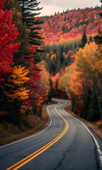 Fototapeta premium Winding asphalt road through vibrant autumn forest foliage fall trees