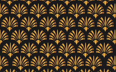 Art deco pattern seamless black and gold background scales or shells ornament modern minimalistic geometric design vector lines motifs luxury vintage illustration