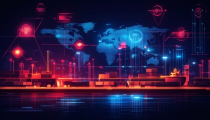 Obraz premium A container ship is shown transporting cargo across a digital world map, illustrating global trade and logistics networks.