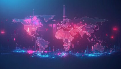 The illustration shows a futuristic world map rendered as a network of interconnected nodes and lines, with glowing cityscapes along the bottom edge.