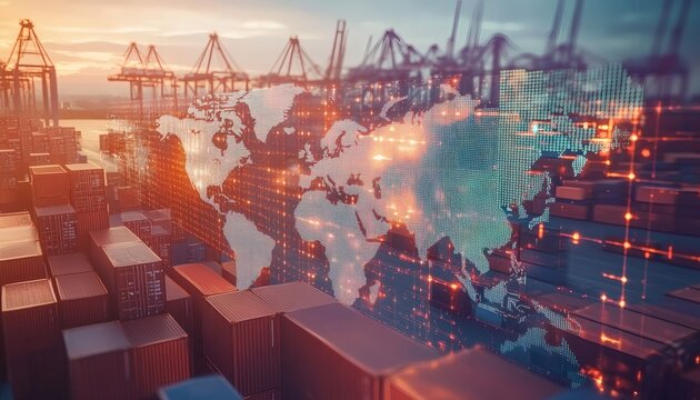 The illustration shows a digital world map overlaid on a scene of many cargo containers at a shipping port with large cranes in the background.