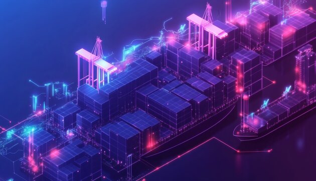 The illustration shows two container ships connected by a network of lines, symbolizing global trade and logistics.
