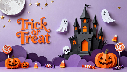 3D Paper Cut Halloween Sale Banner Haunted Castle, Ghosts, and Trick or Treat Promotion