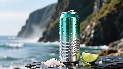 Lime soda can with silver wave design by ocean rocks and sea salt