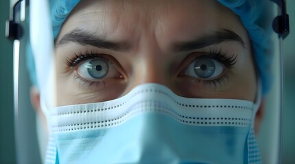 Close up of a woman wearing a surgical mask with visible protective covering and strong emphasis on healthcare, safety, and prevention of illness