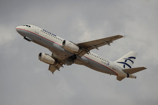 Ben Gurion, Israel &ndash; 2025.09.25: Aegean Airlines Airbus A320 SX-DVG taking off into cloudy sky