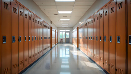 Fototapeta premium Image of a long hallway inside a school with visible walls, flooring, and academic institutional design in a clean educational building environment