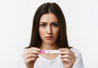 A young woman looks at a pregnancy test strip with a worried expression on a white background