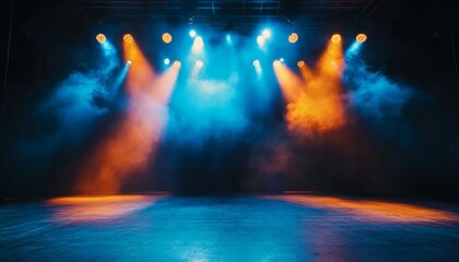 Fototapeta premium The image shows a dark stage illuminated by multiple spotlights casting blue and orange light through atmospheric smoke.