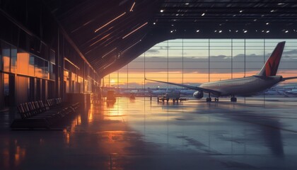 The illustration shows a large airplane parked inside a hangar with large windows showing a sunset outside, and empty seats visible in the foreground.