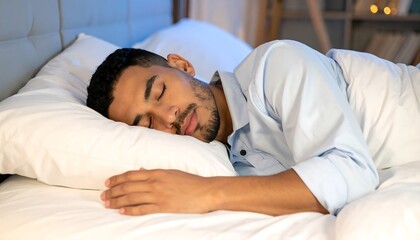 A man rests peacefully in his bed, serene and still in a soft lighting ambiance.