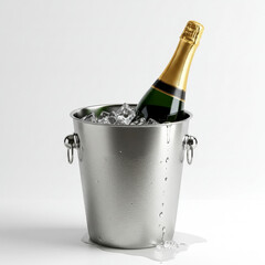 A bottle of champagne in an ice bucket with a trail on a white background