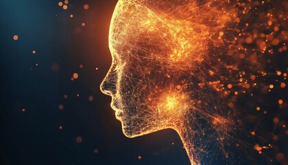 The illustration shows a profile view of a human face created with a network of interconnected glowing lines and bright particles against a dark backdrop.