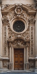 Obraz premium Ornate facade featuring a carved door and circular window