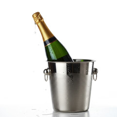 A bottle of champagne in an ice bucket with a trail on a white background