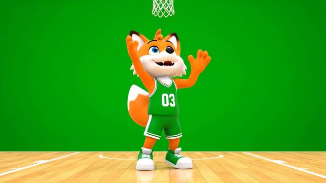 Cartoon Fox Mascot Shooting Basketball - A cartoon fox mascot, wearing a green jersey, is playing basketball on a green screen background. The orange basketball is about to go through the net.