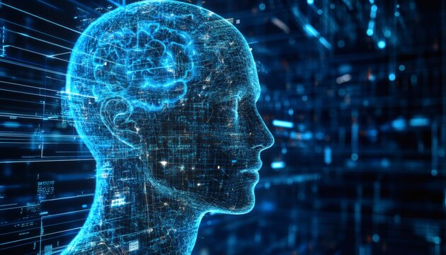 The image shows a 3D rendering of a human head, constructed from a network of lines and nodes, with a brain highlighted in the center.