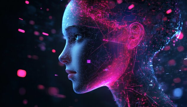 The illustration shows a woman's face constructed from glowing lines and particles, set against a dark background with pink and blue highlights.