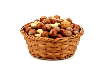 Basket of nuts and hazelnuts on white background