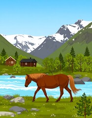 Horse near a river in mountains