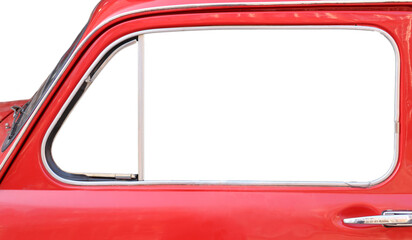 Fototapeta premium side view of detail small red retro historical aged vintage old oldsmobile motor car is parked isolated on white background backdrop Mockup mock up mock-up template empty blank