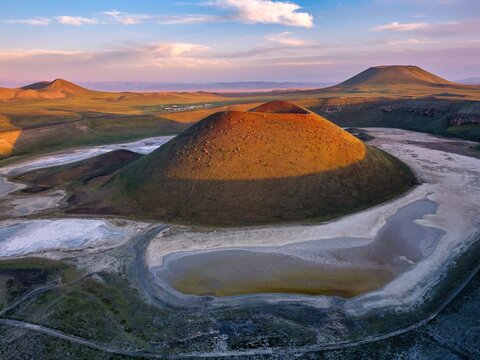 Aerial view of Meke crater lake at sunset