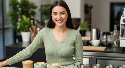 Friendly young female barista smiling at the counter in a modern coffee shop