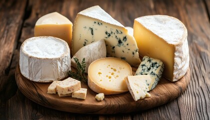 Several types of cheese, including blue cheese, camembert, and hard cheeses, are displayed on a rustic wooden board, garnished with fresh thyme sprigs.