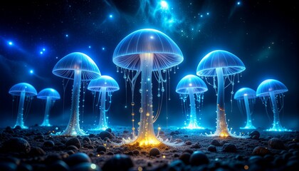 Świetlne grzyby o przezroczystej strukturze z widocznymi niebieskimi impulsami świetlnymi przebiegającymi przez strukturę grzybów