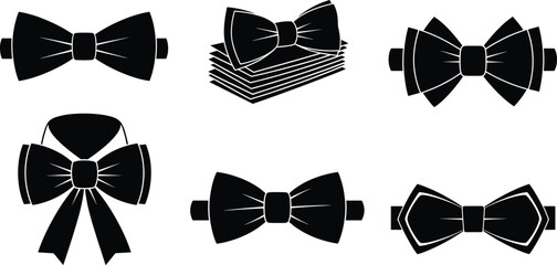 Bow tie silhouettes, black vector, fashion accessories, ribbon style, formal wear, minimal design, top view, elegant icons, wedding, decor