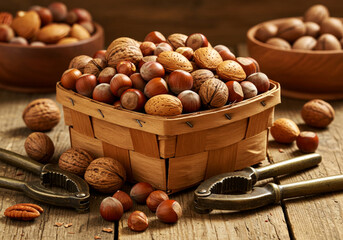 Basket of nuts and hazelnuts with nut crushers