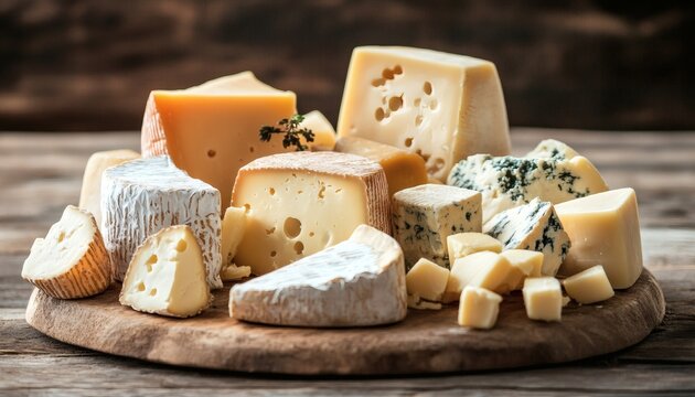 A wooden board holds different types of cheese, including soft, hard, and blue cheeses, some cut into pieces and others whole.
