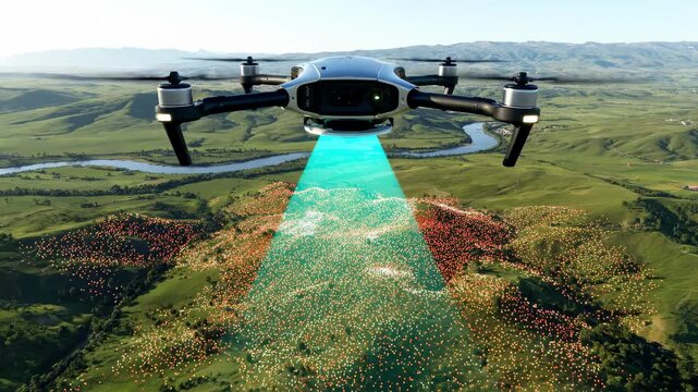 Drone Lidar Scanning Over Landscape Creating 3D Map