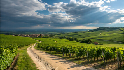 Obraz premium Verdant vineyard landscape with dirt road and distant village under dramatic clouds green rolling hills