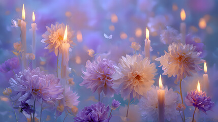 An enchanting and soothing background with soft purple hues, featuring candles and chrysanthemums, calming atmosphere, background for all saints’ day, all souls’ day.