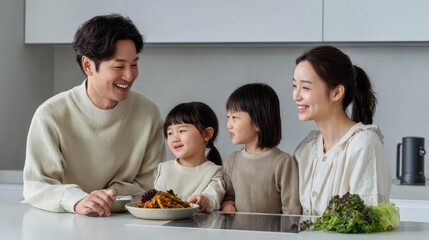 Modern Korean family enjoys a meal together in their cozy kitchen during a casual family gathering