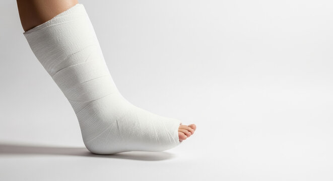 Leg in cast on foot with exposed toes against white background  