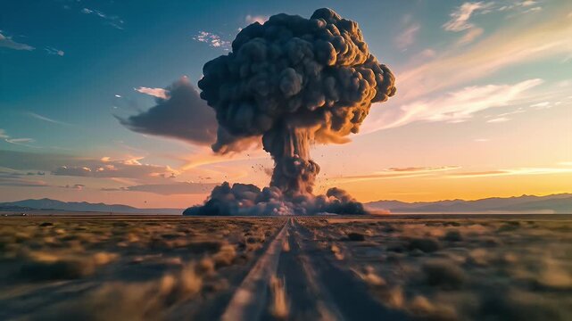 Dramatic Landscape of Desert Road Leading to Massive Gray Cloud Formation Under Blue and Orange Sky Near Sunset