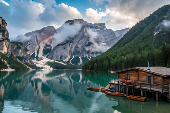 Wooden boathouse on turquoise lake with misty mountains and forest image