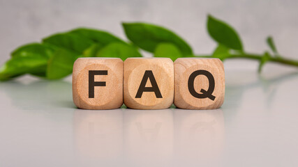 wooden cubes with black letters spelling FAQ on light table with green leaves and house figures