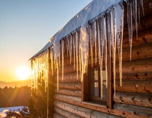 Icicles on log cabin at sunrise
