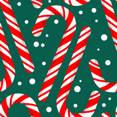Seamless pattern of Christmas red and white sugar canes with snow on a green background