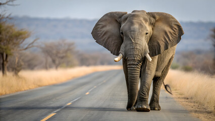 Obraz premium African elephant walks down a paved road in dry savanna landscape wildlife