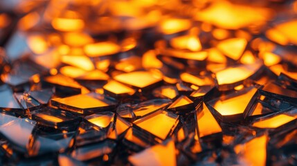 Close-up of shattered glass pieces illuminated by warm orange light, creating an abstract, artistic effect