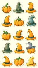 assortment of pumpkins and witch hats for Halloween decorations in a festive arrangement