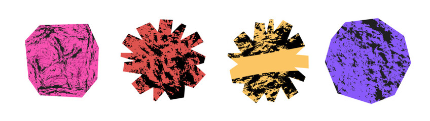 Cut out shapes with grunge texture vector illustration. Asterisk and abstract collage design elements set. Scrapbook patches with crayon pattern.