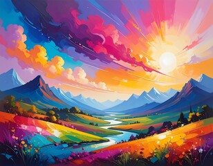 A vibrant landscape painting displays a valley with colorful mountains, a winding river, and a radiant sunrise.