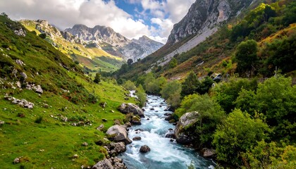 A tranquil mountain river meanders through lush, verdant valleys, framed by dramatic peaks under a partly cloudy sky.