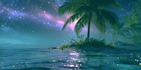 Starlit island oasis with palm trees and glowing water under a night sky